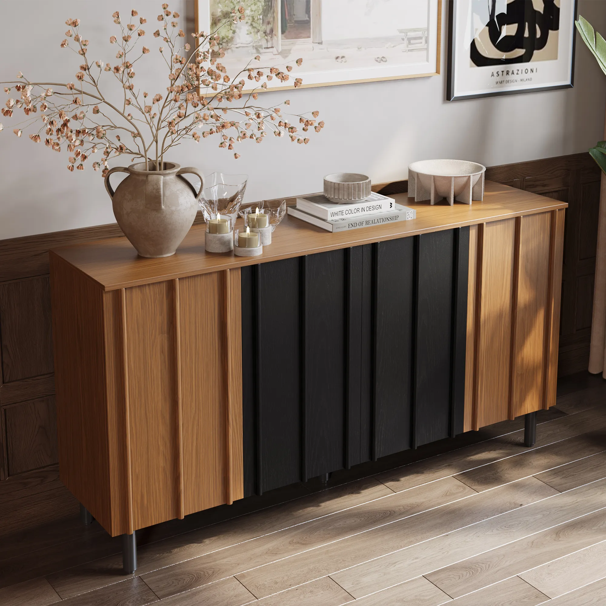 Mid-Century Modern Sideboard Cabinet with Slatted Design