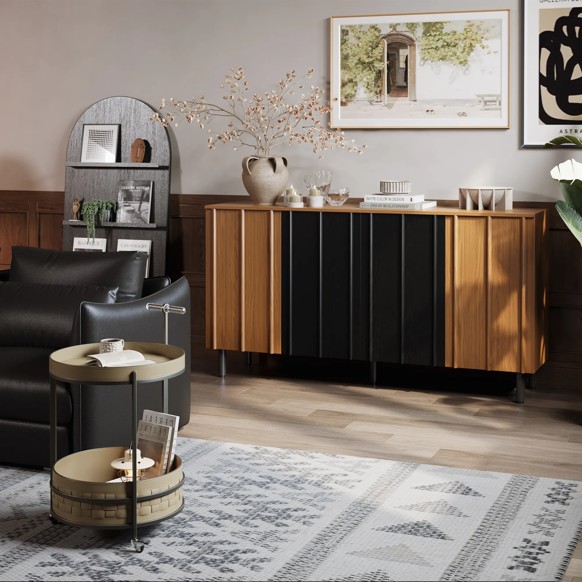 Mid-Century Modern Sideboard Cabinet with Slatted Design