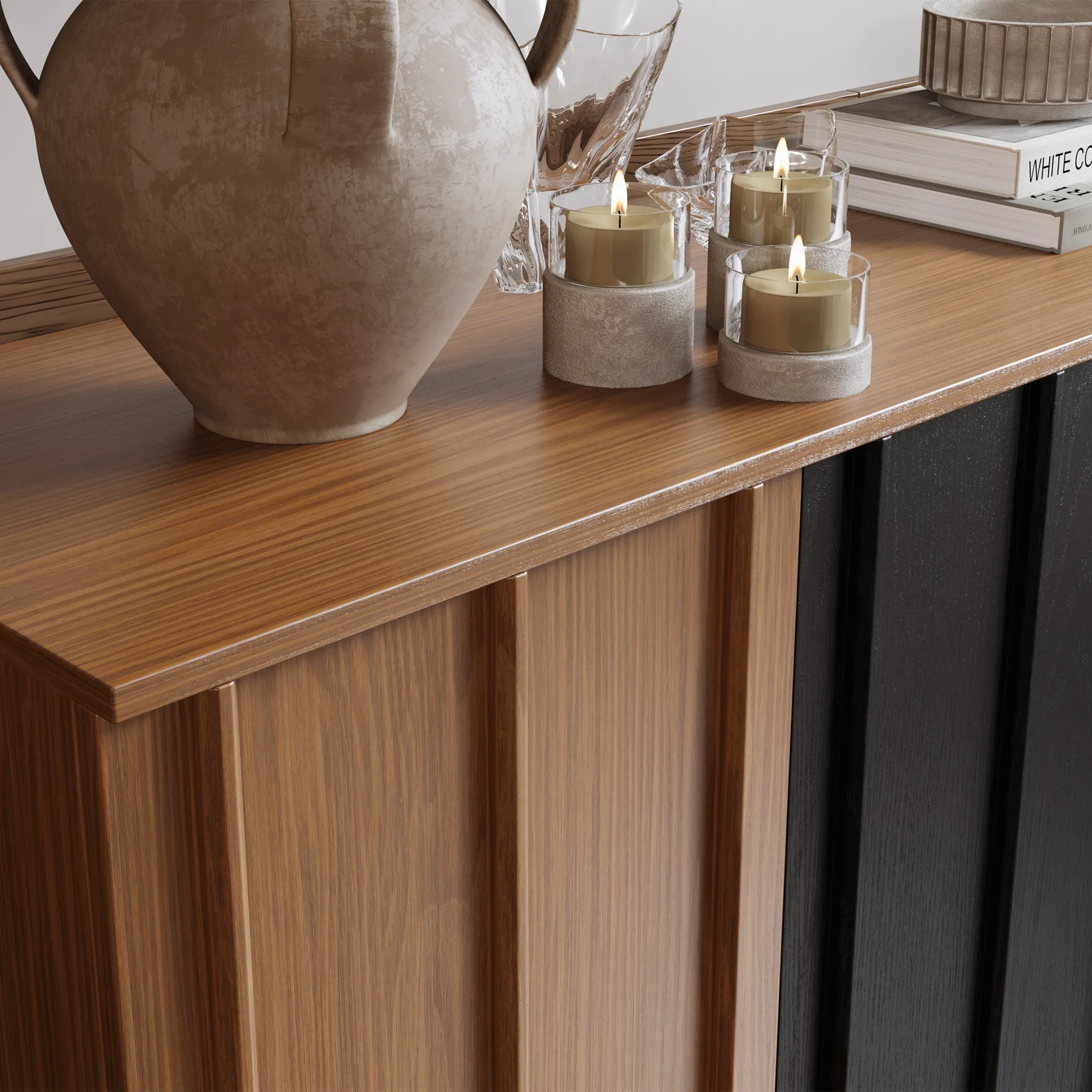 Mid-Century Modern Sideboard Cabinet with Slatted Design