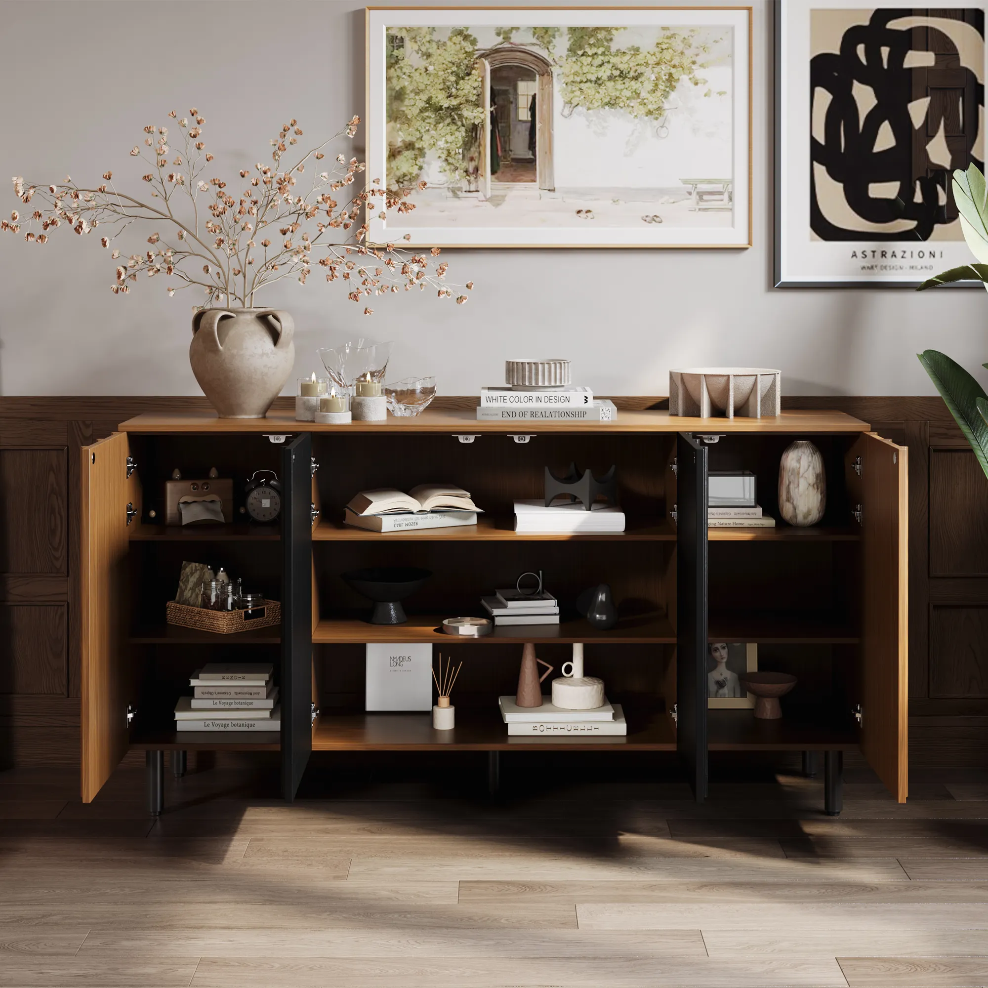 Mid-Century Modern Sideboard Cabinet with Slatted Design
