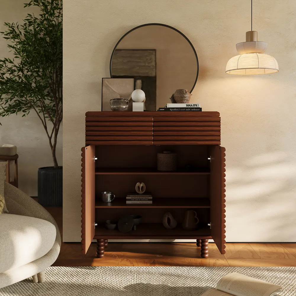 Retro Slatted Wood Accent Cabinet