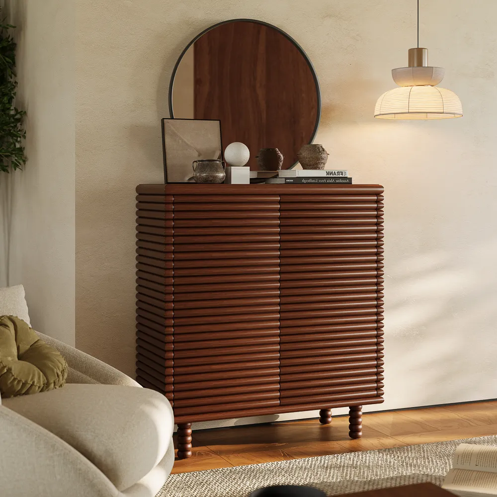 Retro Slatted Wood Accent Cabinet