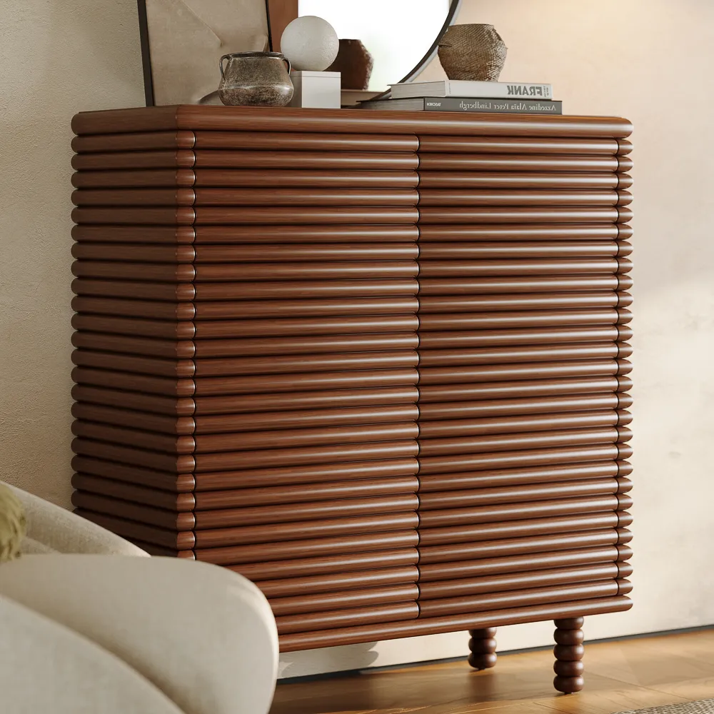 Retro Slatted Wood Accent Cabinet