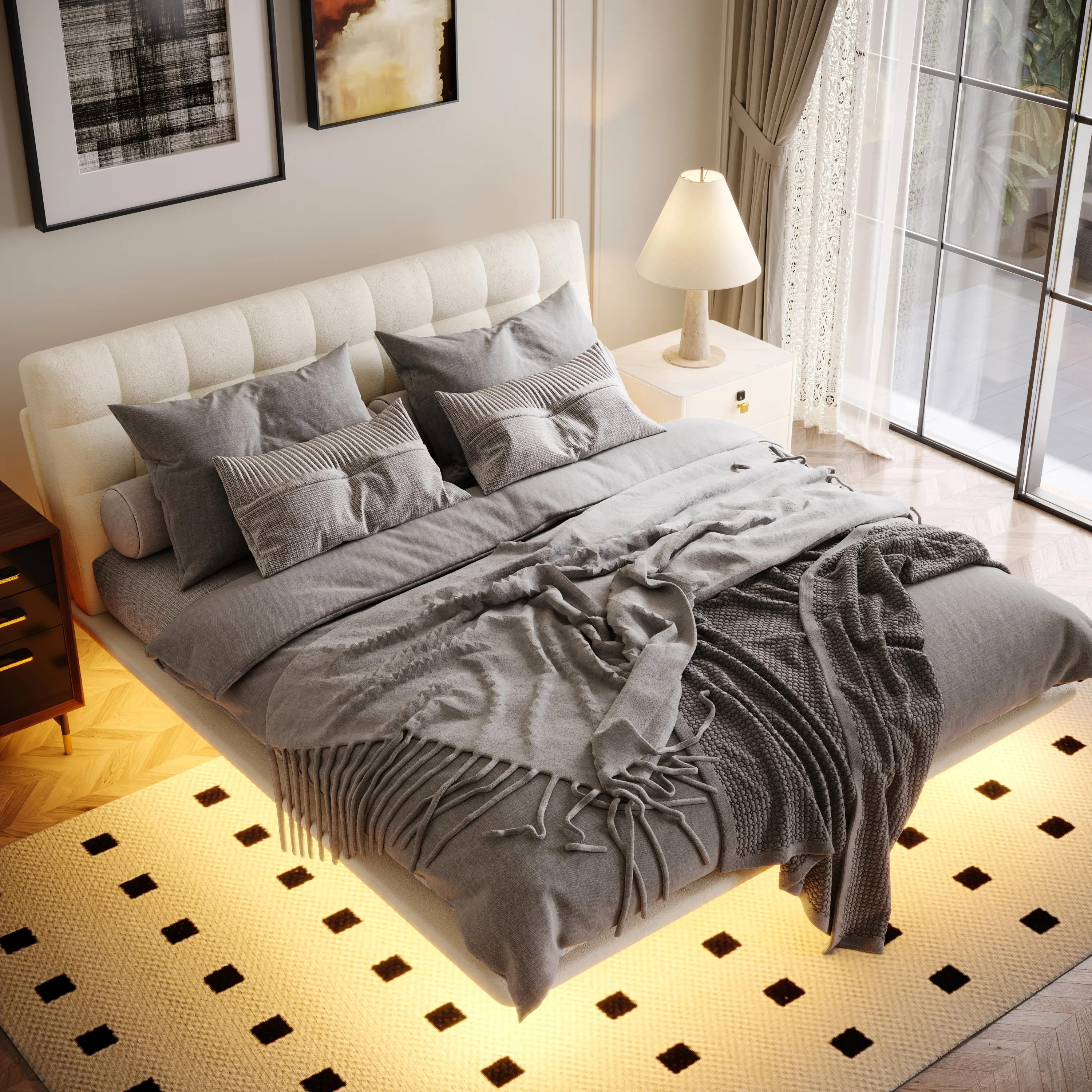 Upholstered Bed with Smart Lighting and Interchangeable Upholstered Bed with Smart Lighting and Interchangeable