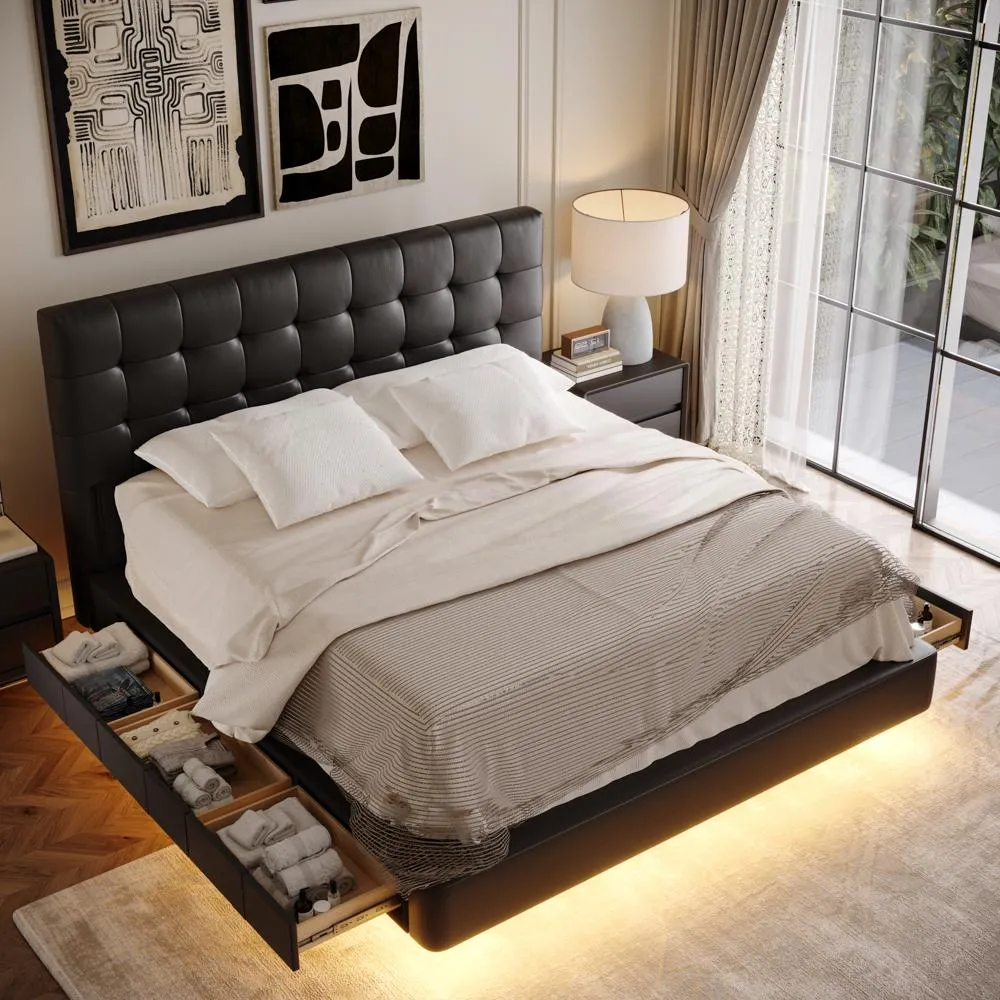 Leather Upholstered Storage Bed with Smart Lighting Leather Upholstered Storage Bed with Smart Lighting