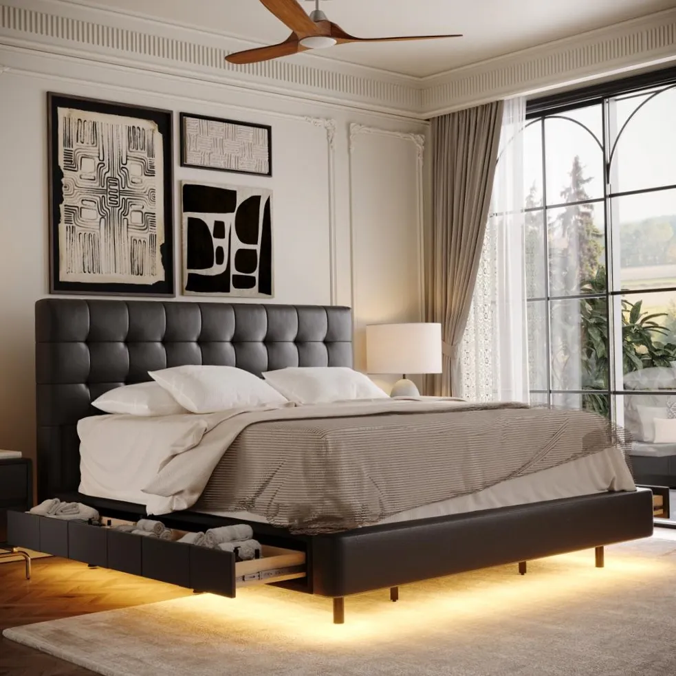 Leather Upholstered Storage Bed with Smart Lighting Leather Upholstered Storage Bed with Smart Lighting