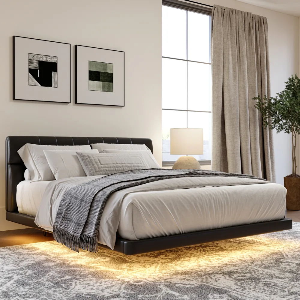 Leather Upholstered Floating Bed with Smart Lighting