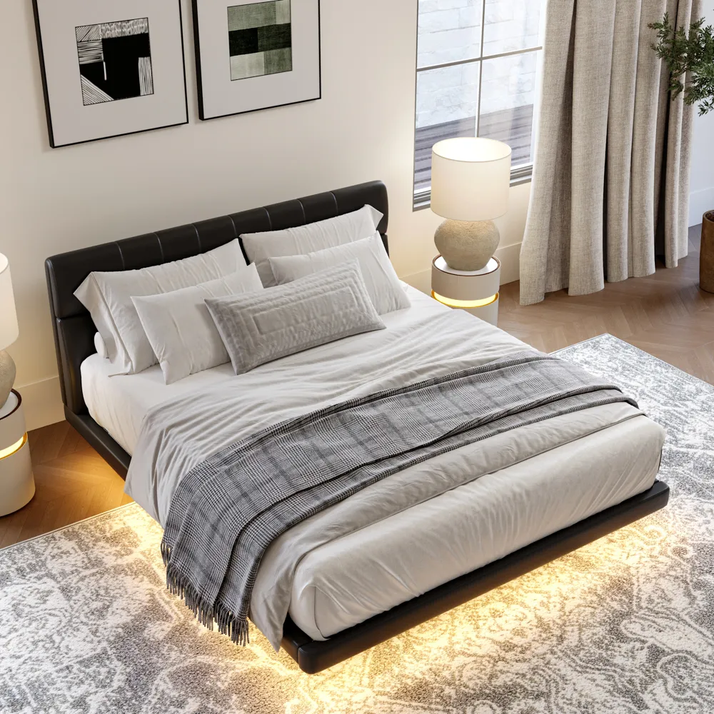 Leather Upholstered Floating Bed with Smart Lighting