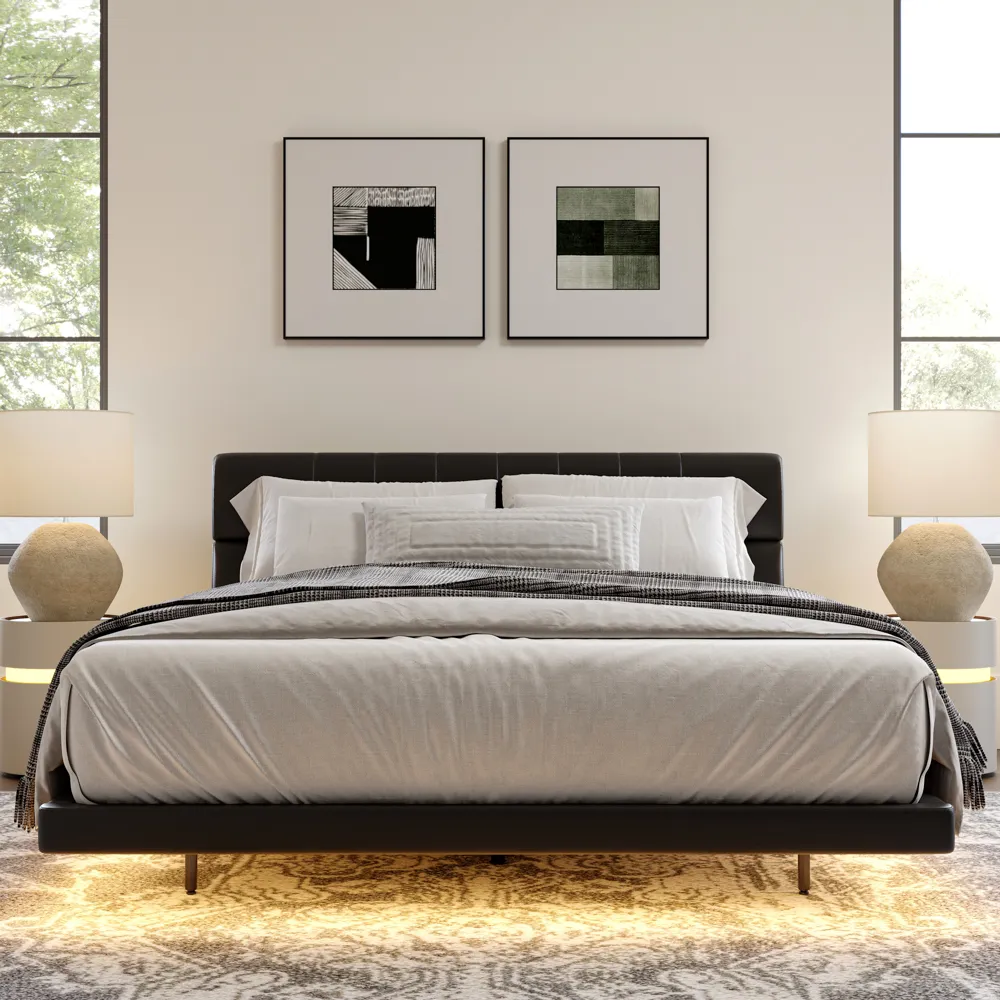 Leather Upholstered Floating Bed with Smart Lighting
