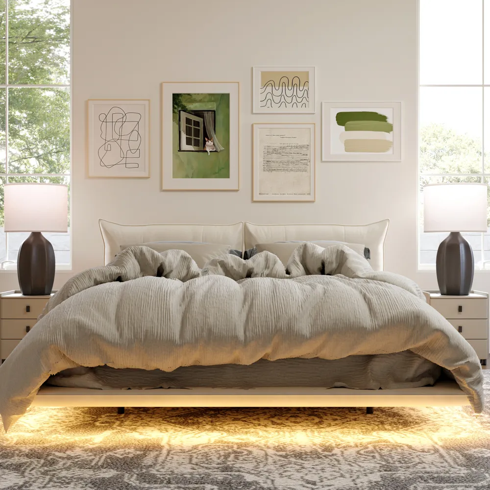 Velvet Upholstered Floating Bed with Smart Lighting Velvet Upholstered Floating Bed with Smart Lighting