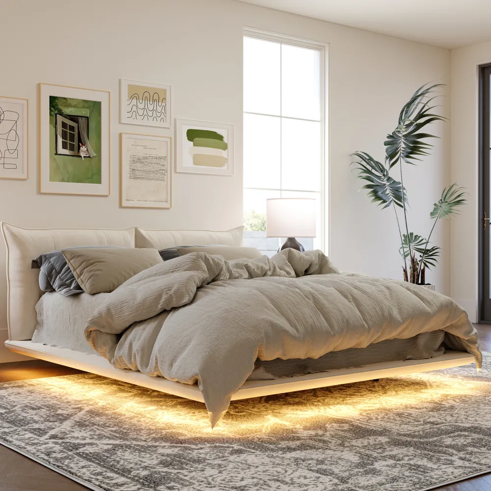 Velvet Upholstered Floating Bed with Smart Lighting Velvet Upholstered Floating Bed with Smart Lighting