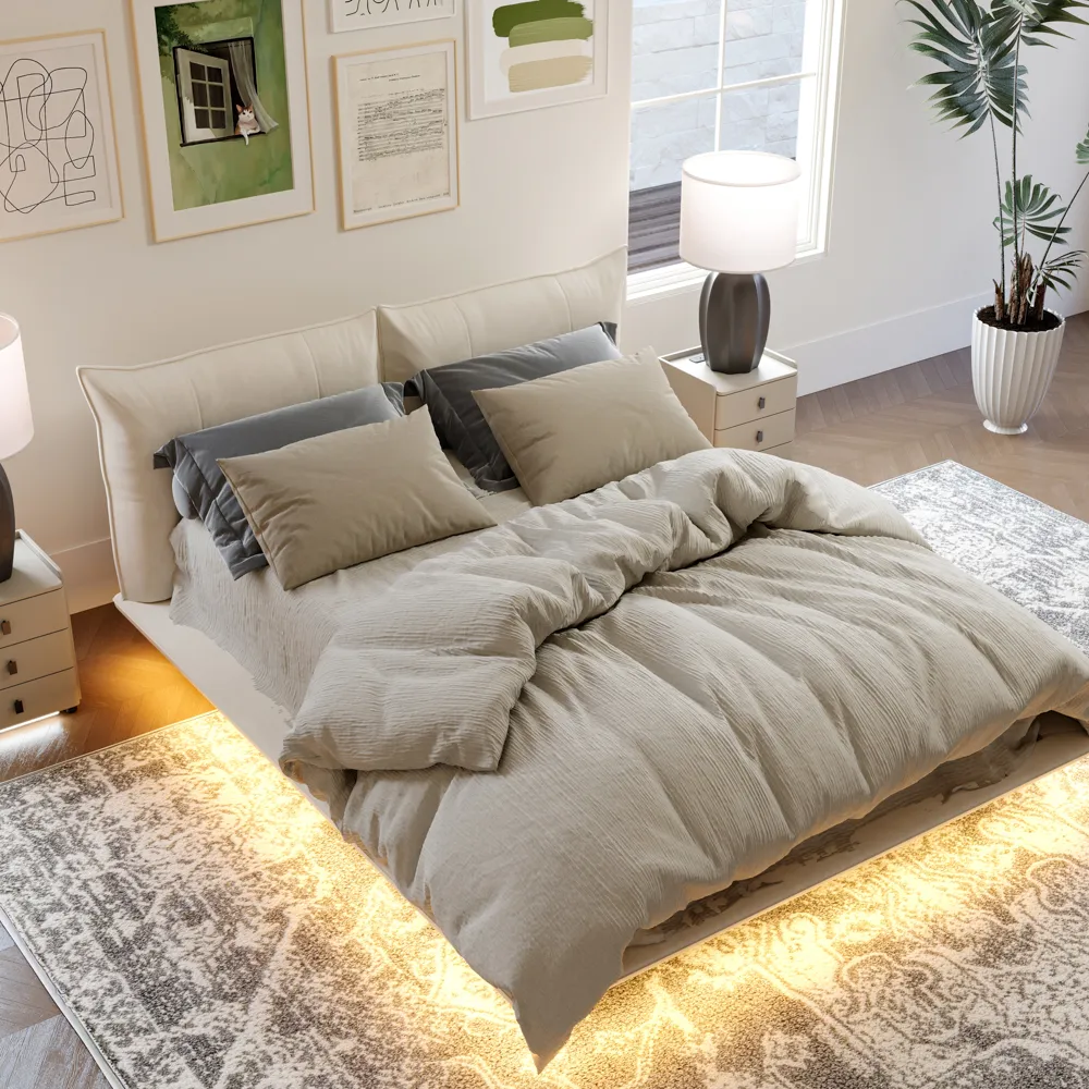 Velvet Upholstered Floating Bed with Smart Lighting Velvet Upholstered Floating Bed with Smart Lighting