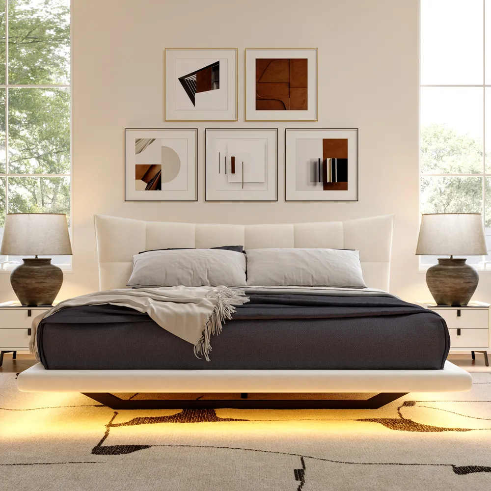 Velvet Upholstered Floating Bed with Smart Lighting Velvet Upholstered Floating Bed with Smart Lighting