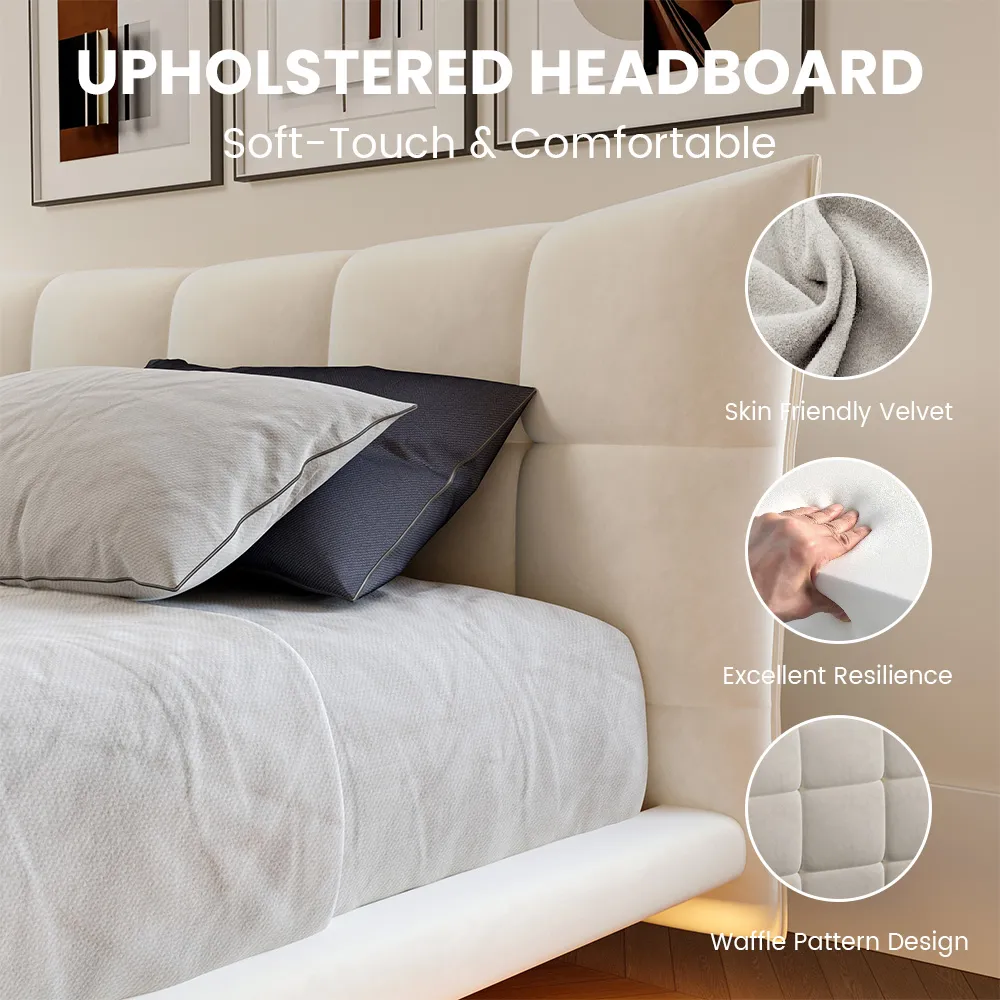 Velvet Upholstered Floating Bed with Smart Lighting Velvet Upholstered Floating Bed with Smart Lighting