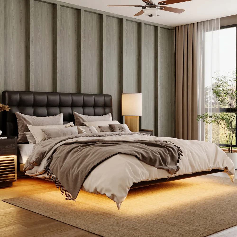 Leather Upholstered Floating Bed with Smart Lighting Leather Upholstered Floating Bed with Smart Lighting