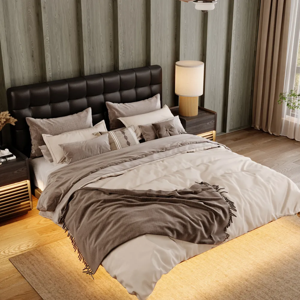 Leather Upholstered Floating Bed with Smart Lighting Leather Upholstered Floating Bed with Smart Lighting