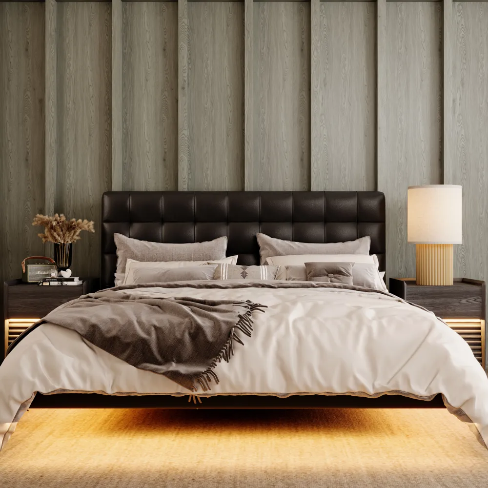 Leather Upholstered Floating Bed with Smart Lighting Leather Upholstered Floating Bed with Smart Lighting