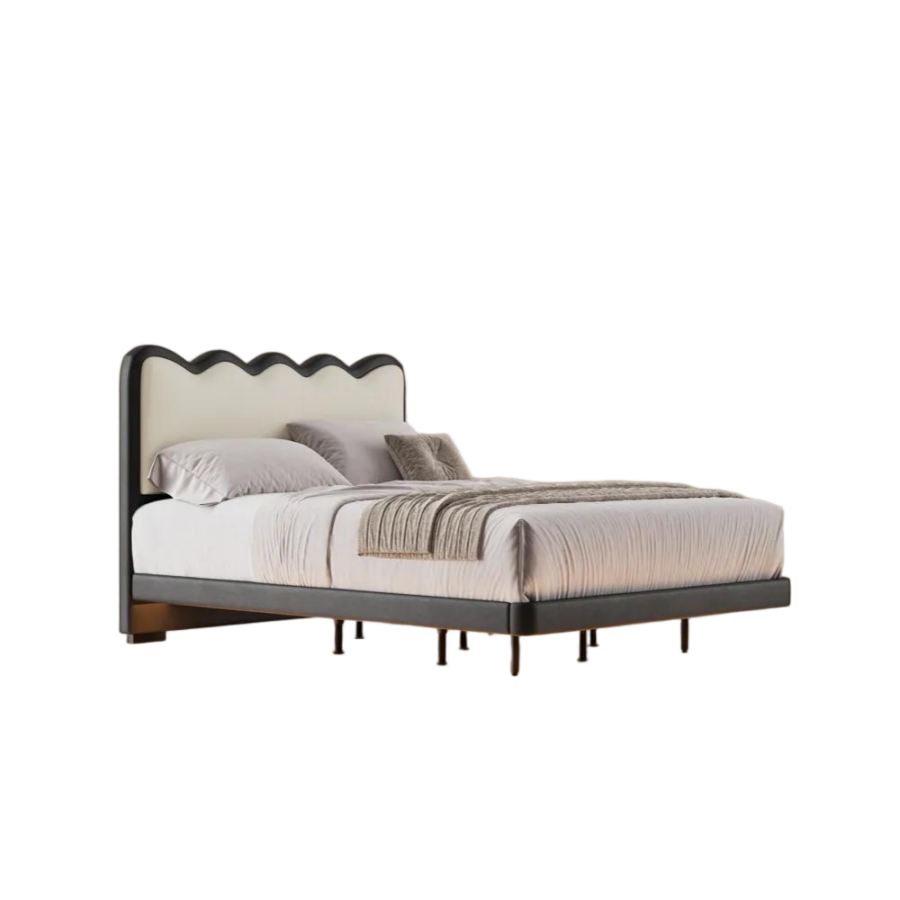 Scalloped Leather Upholstered Floating Bed with Smart Lighting