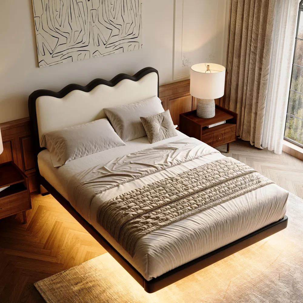 Scalloped Leather Upholstered Floating Bed with Smart Lighting Scalloped Leather Upholstered Floating Bed with Smart Lighting