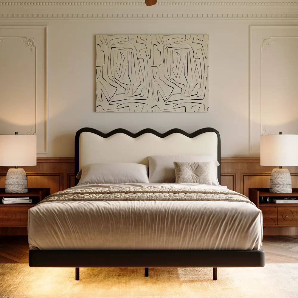 Scalloped Leather Upholstered Floating Bed with Smart Lighting Scalloped Leather Upholstered Floating Bed with Smart Lighting