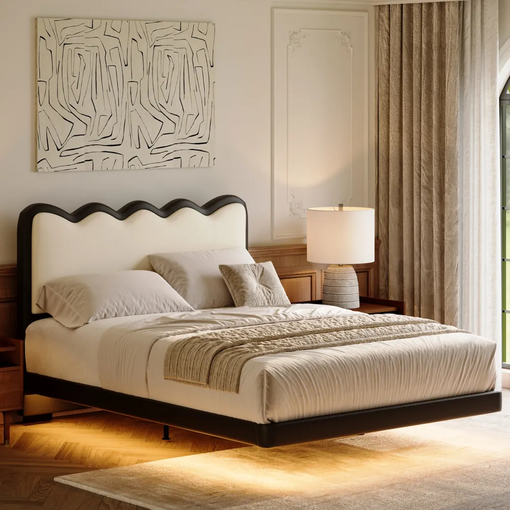 Scalloped Leather Upholstered Floating Bed with Smart Lighting Scalloped Leather Upholstered Floating Bed with Smart Lighting