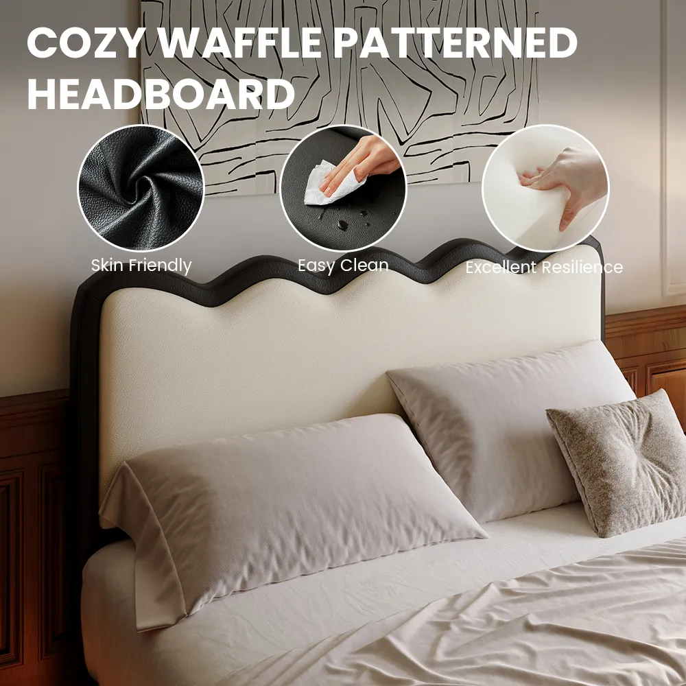Scalloped Leather Upholstered Floating Bed with Smart Lighting Scalloped Leather Upholstered Floating Bed with Smart Lighting