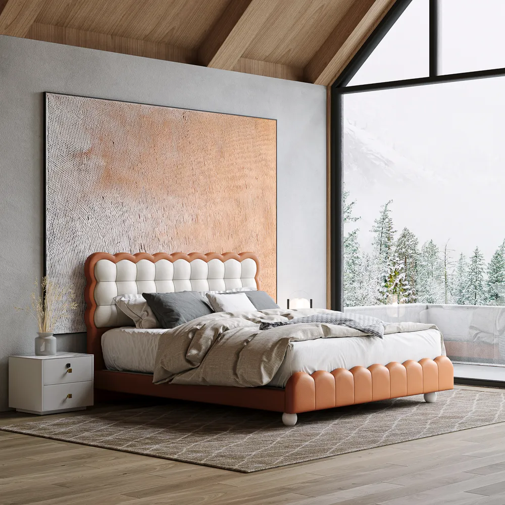 Waffle King Size Leather Upholstered Bed with Wooden Legs