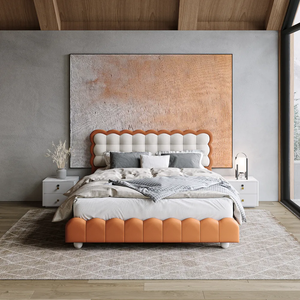 Waffle King Size Leather Upholstered Bed with Wooden Legs