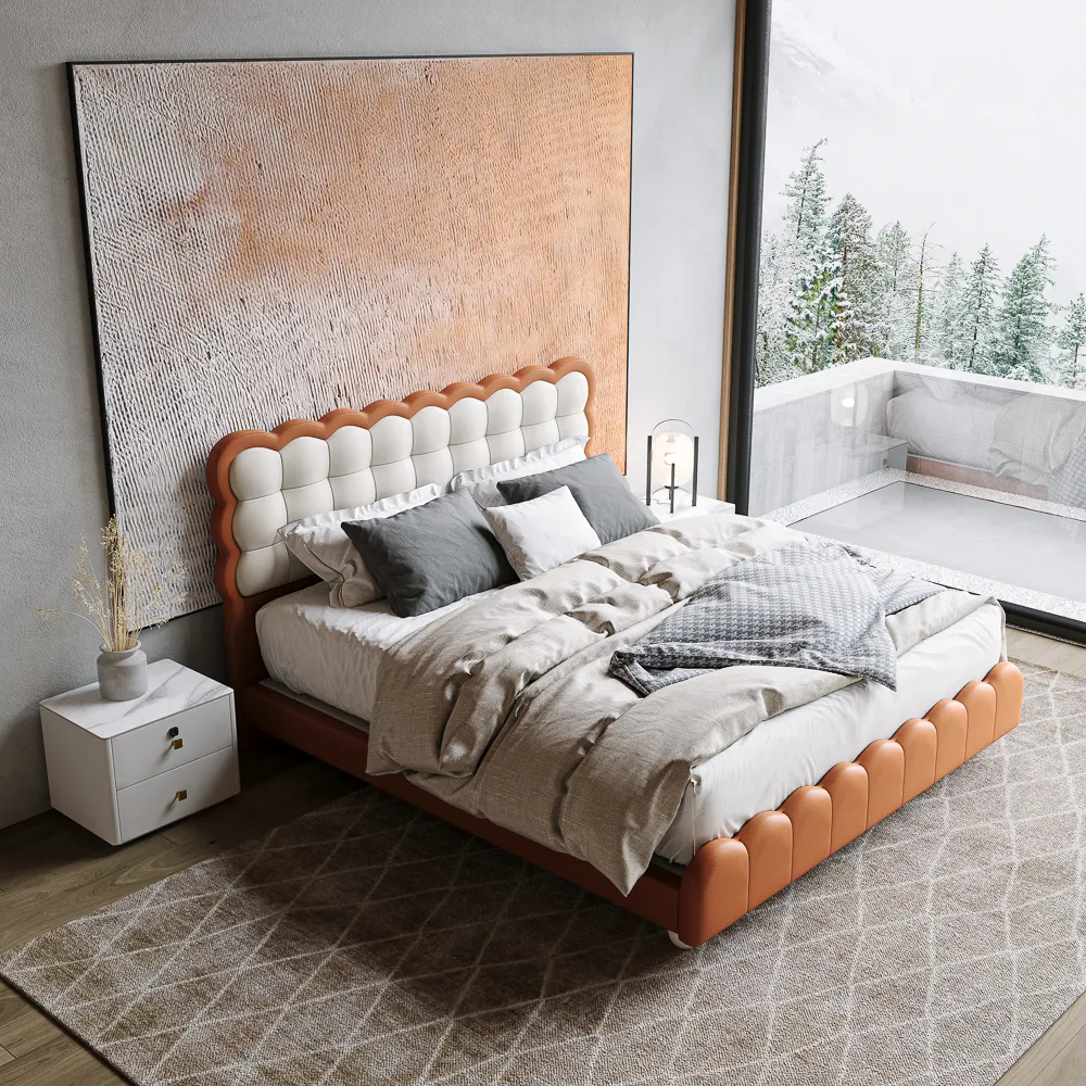 Waffle King Size Leather Upholstered Bed with Wooden Legs