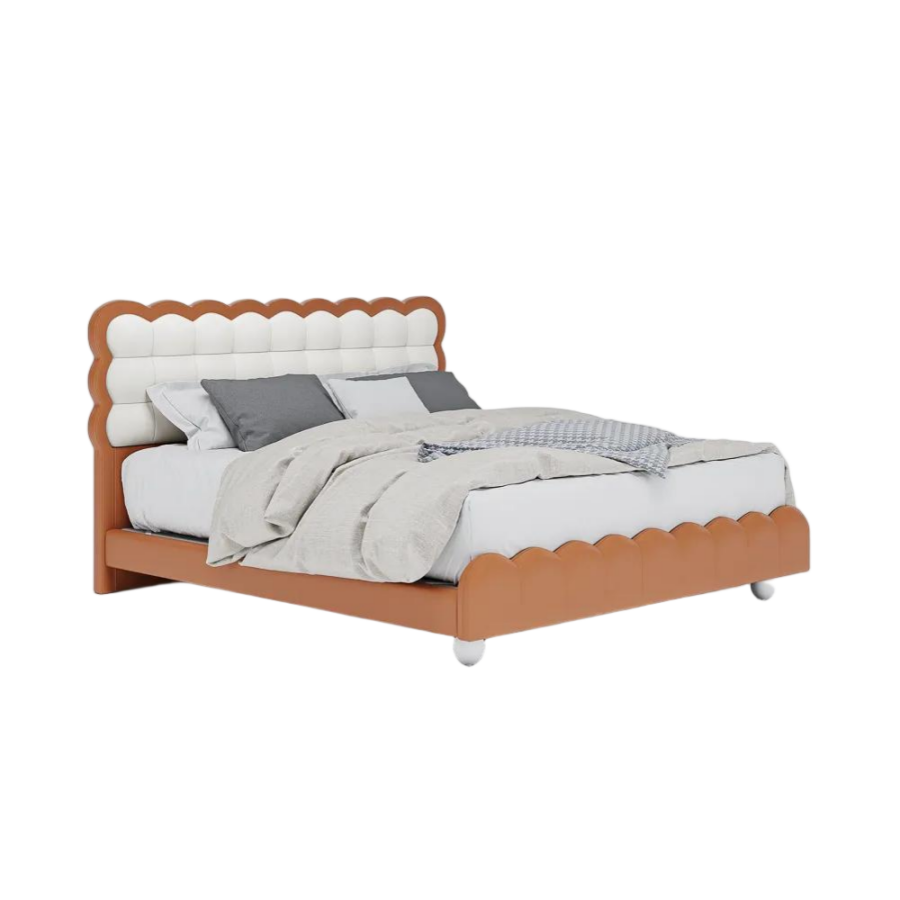 Waffle King Size Leather Upholstered Bed with Wooden Legs