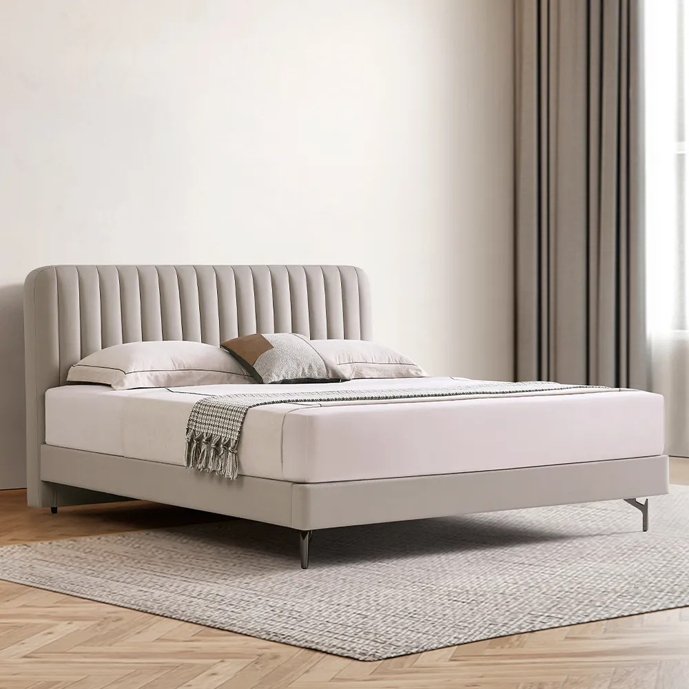 King Size Leather Upholstered Bed with Vertical Channel Headboard
