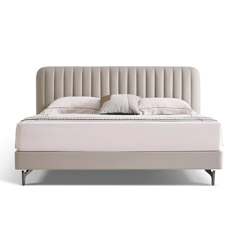 King Size Leather Upholstered Bed with Vertical Channel Headboard