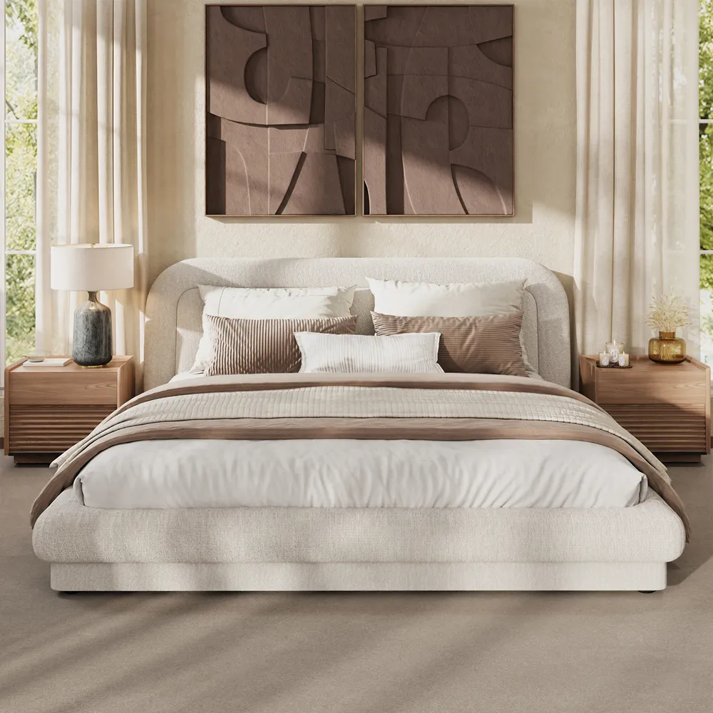 Beige Chenille Upholstered Bed – King Size
