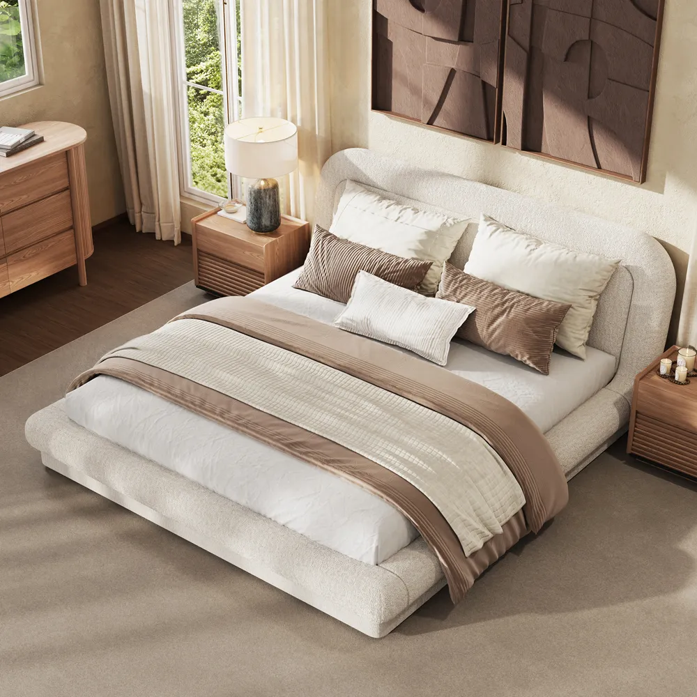 Beige Chenille Upholstered Bed – King Size