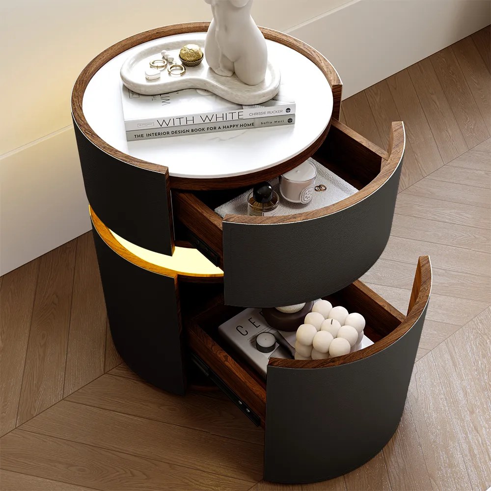 Modern Round LED Nightstand with Drawers