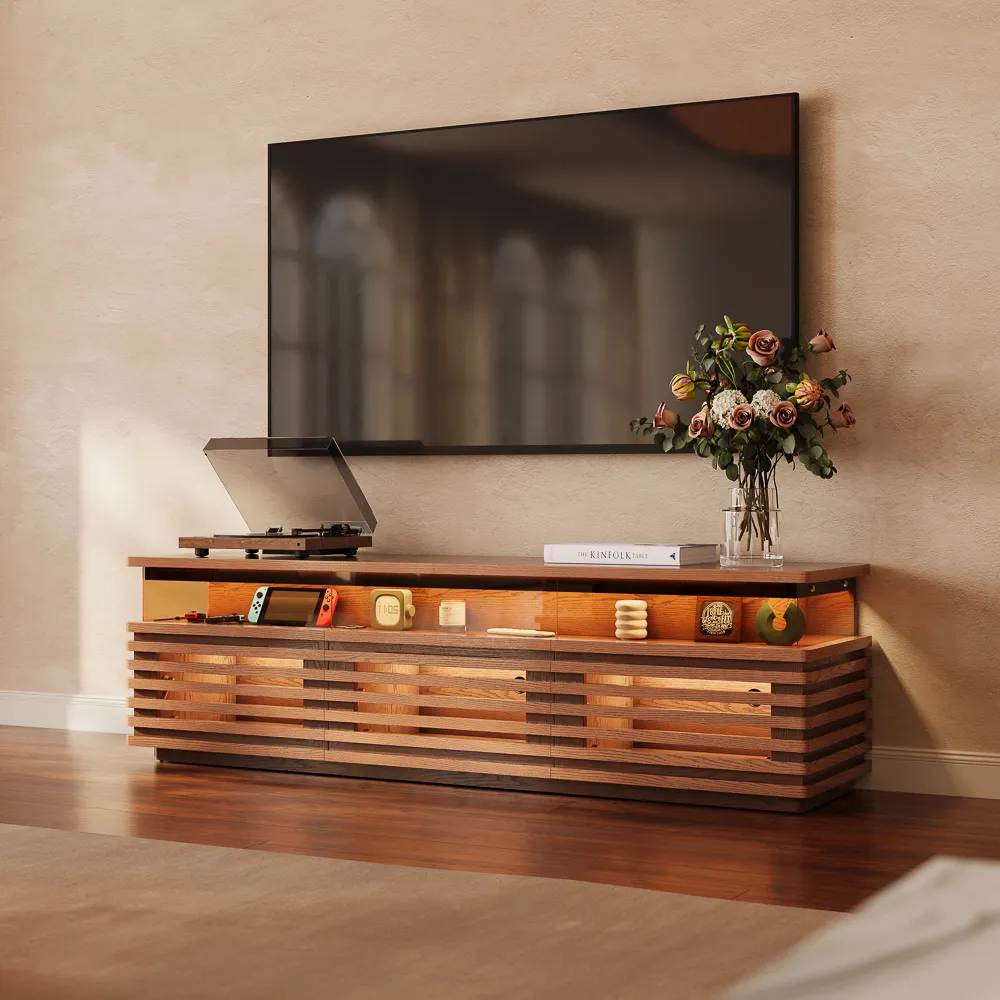 Horizontal Slatted TV Stand with Adjustable LED Lights Horizontal Slatted TV Stand with Adjustable LED Lights