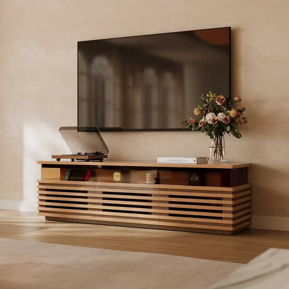 Horizontal Slatted TV Stand with Adjustable LED Lights Horizontal Slatted TV Stand with Adjustable LED Lights