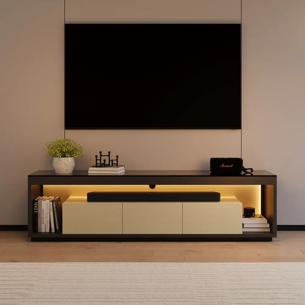 Modern Low Profile TV Console with Glass Tabletop