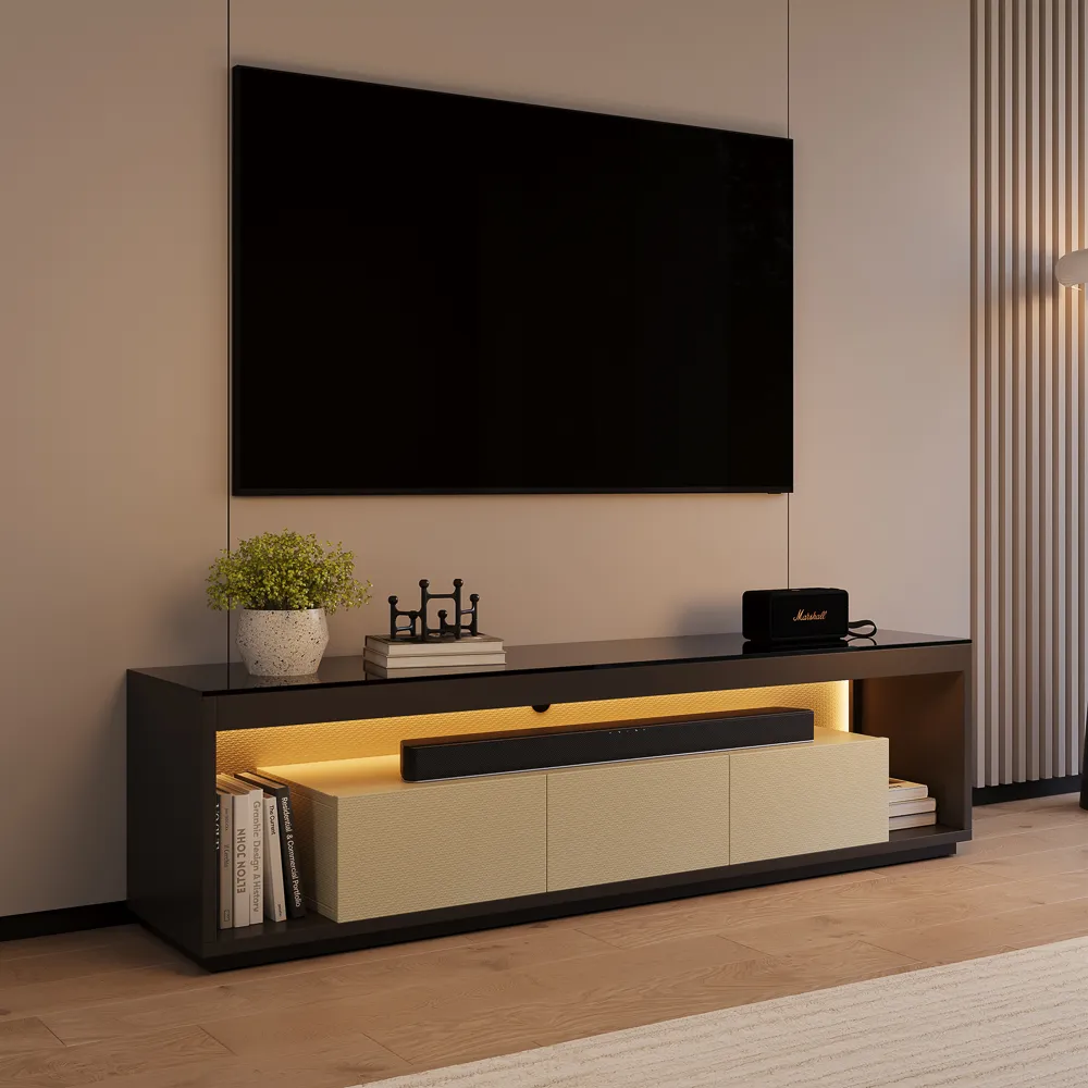 Modern Low Profile TV Console with Glass Tabletop