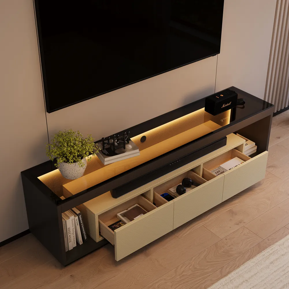 Modern Low Profile TV Console with Glass Tabletop