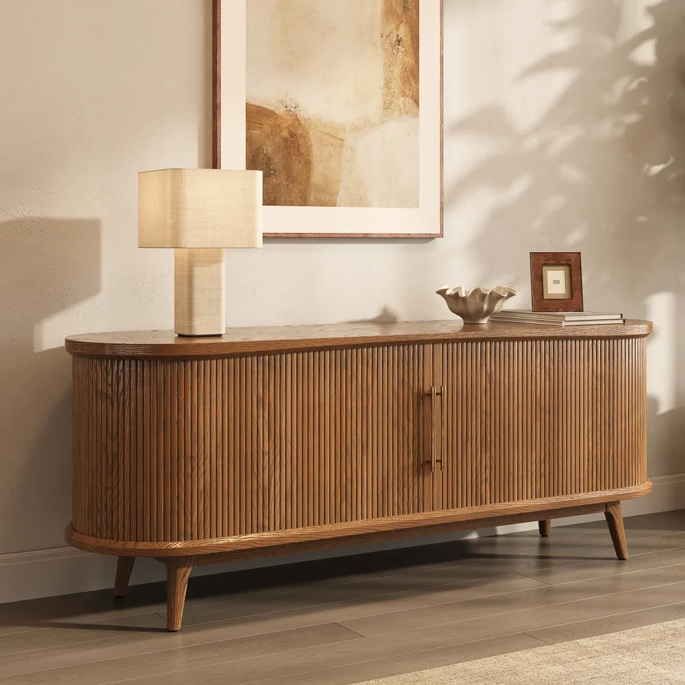 Curved Slatted Wood TV Stand