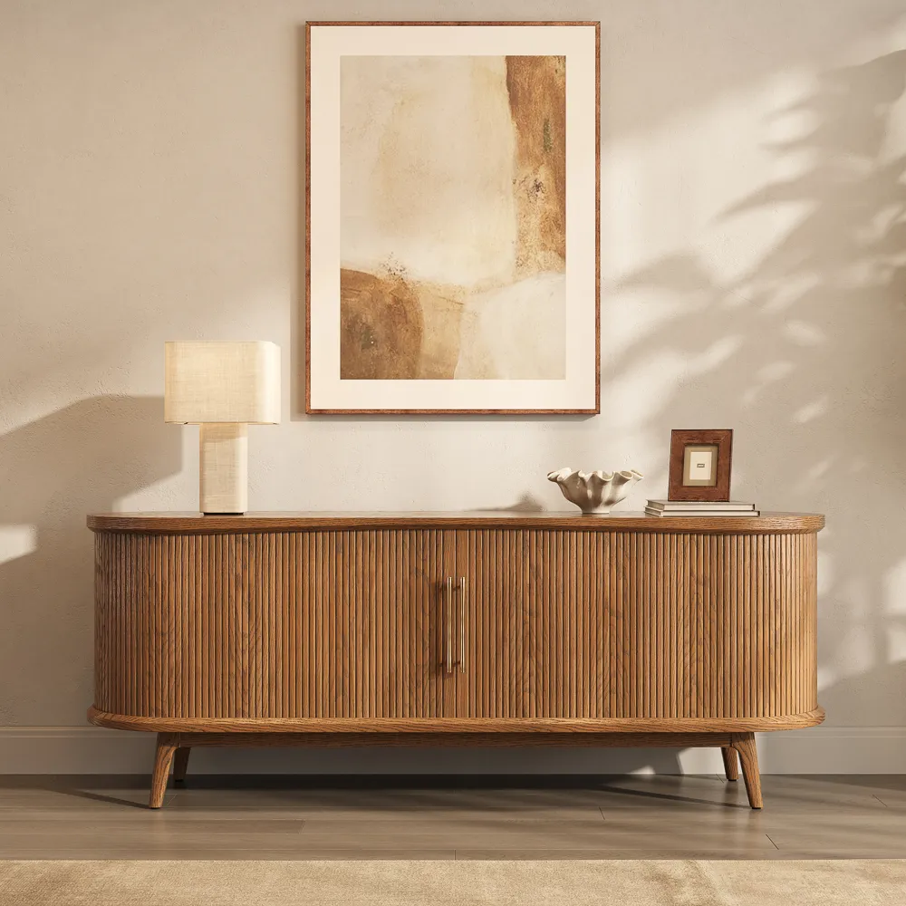 Curved Slatted Wood TV Stand