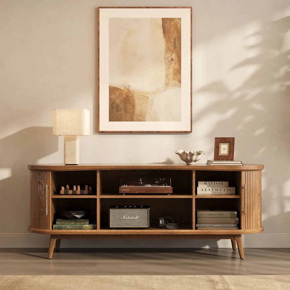 Curved Slatted Wood TV Stand