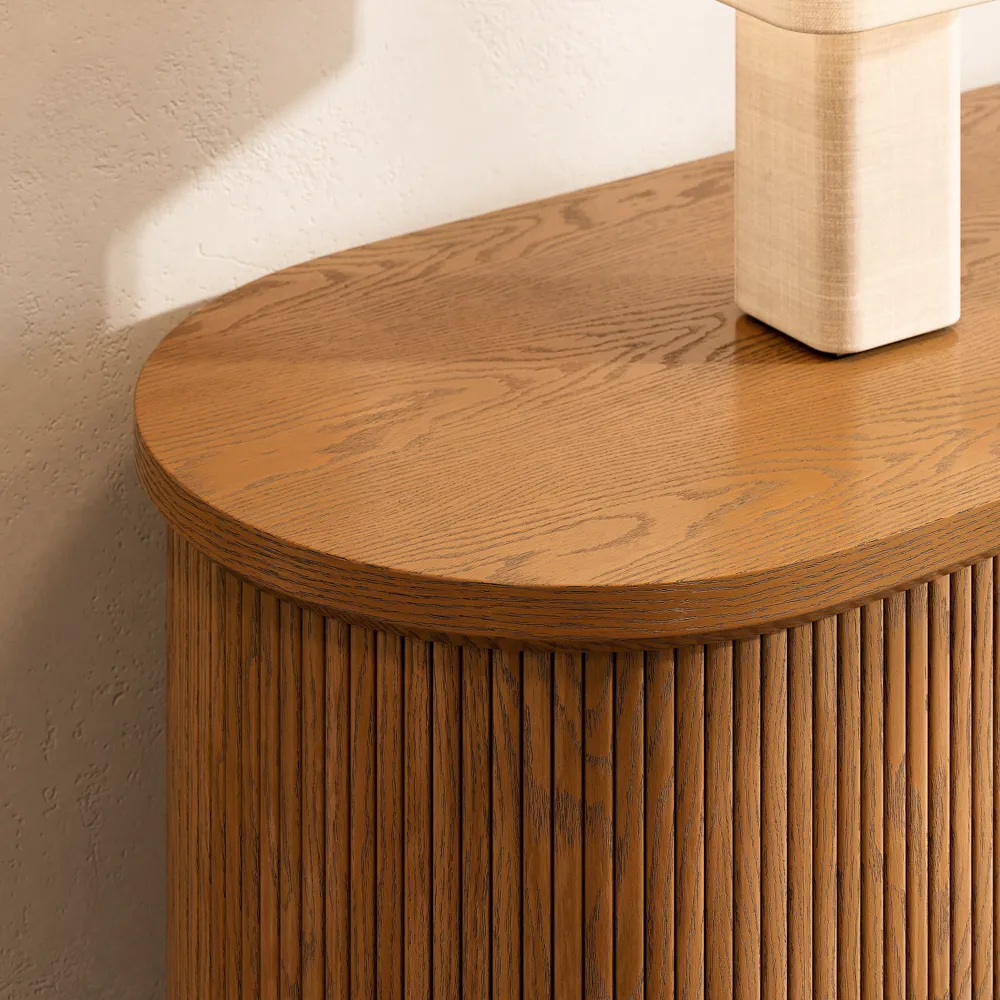 Curved Slatted Wood TV Stand