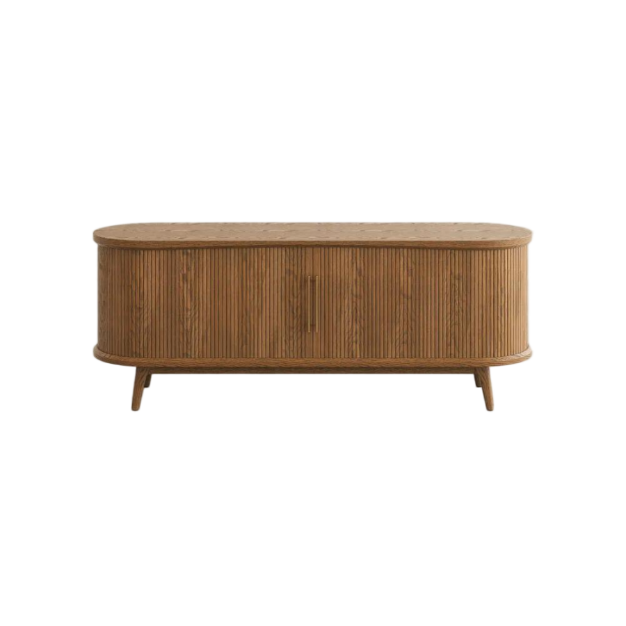 Curved Slatted Wood TV Stand