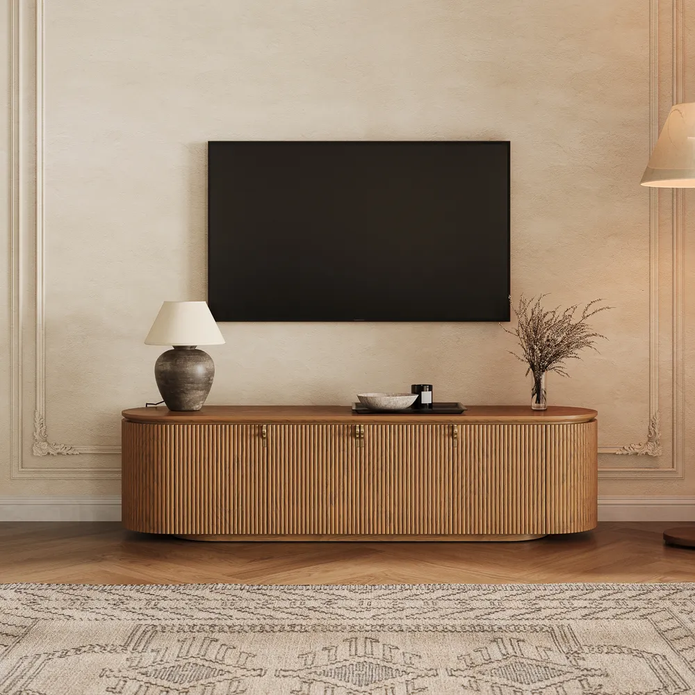 Mid-Century Modern Fluted TV Stand with Metal Pull Handles