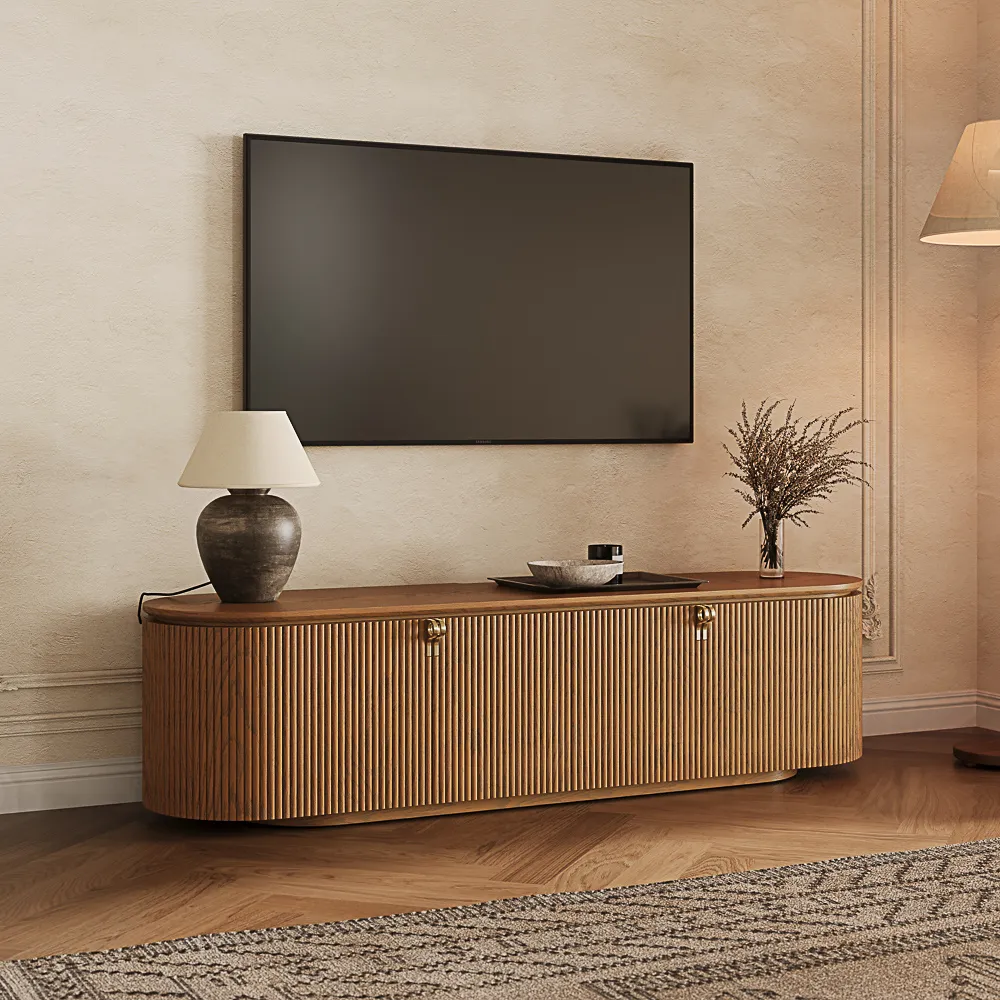 Mid-Century Modern Fluted TV Stand with Metal Pull Handles