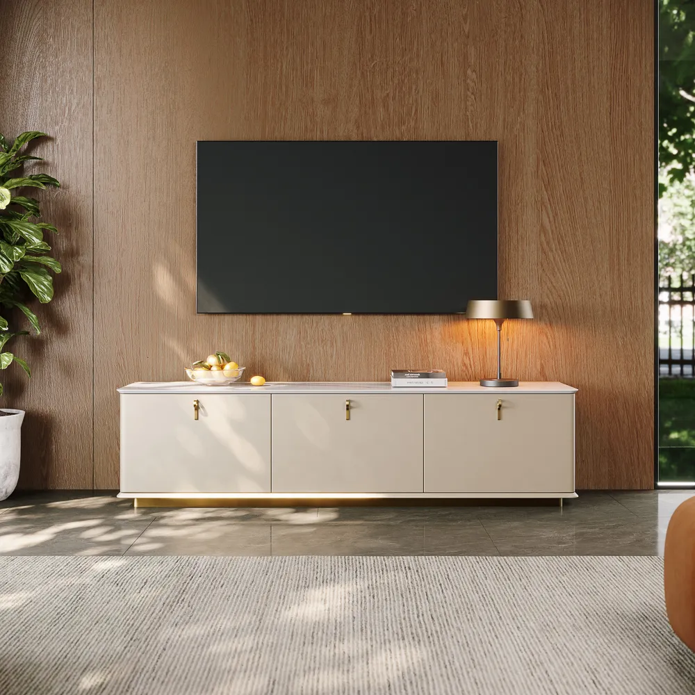 Luxury TV Stand with Glossy Sintered Stone Tabletop
