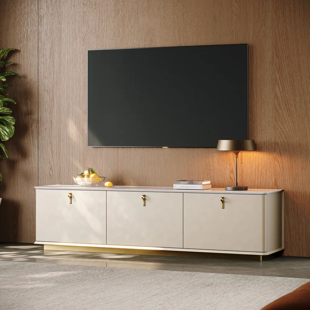 Luxury TV Stand with Glossy Sintered Stone Tabletop