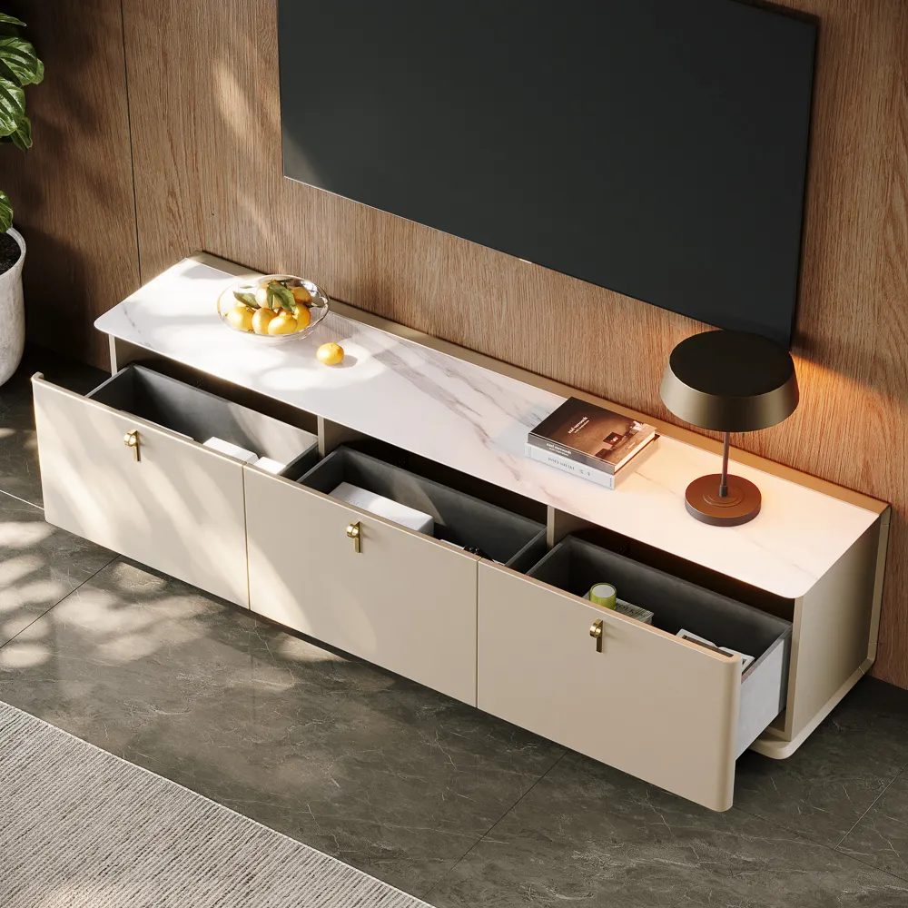 Luxury TV Stand with Glossy Sintered Stone Tabletop